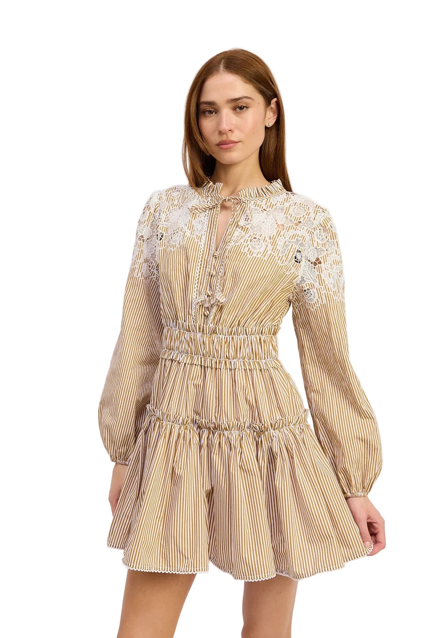 Juliette Mini Dress white and mustard stripe with floral embroidered cutout detail on shoulders and sleeves