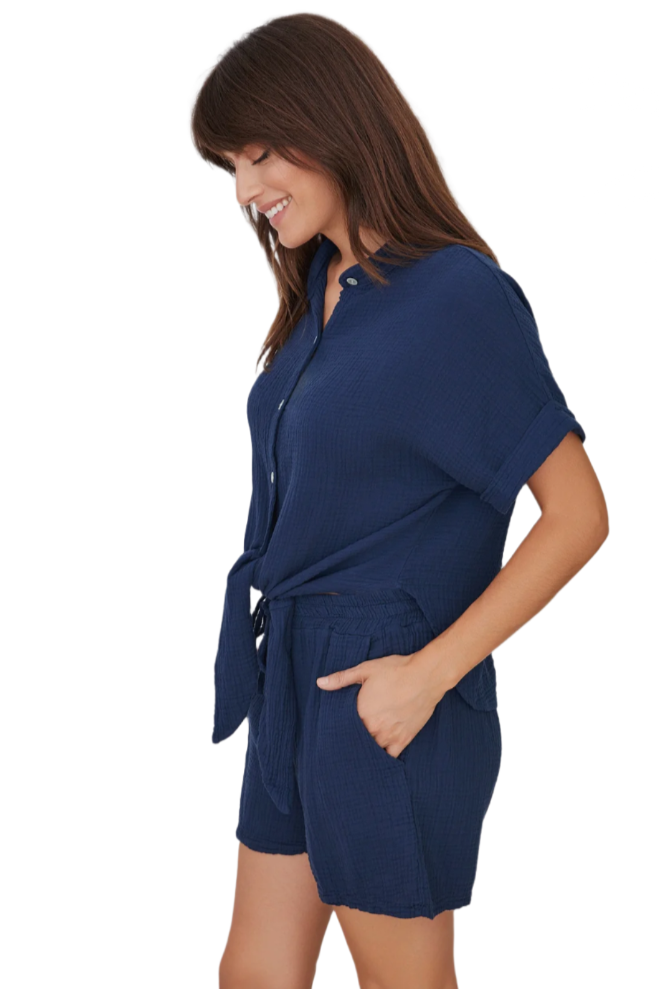 Cotton Gauze Button Down Tie Top