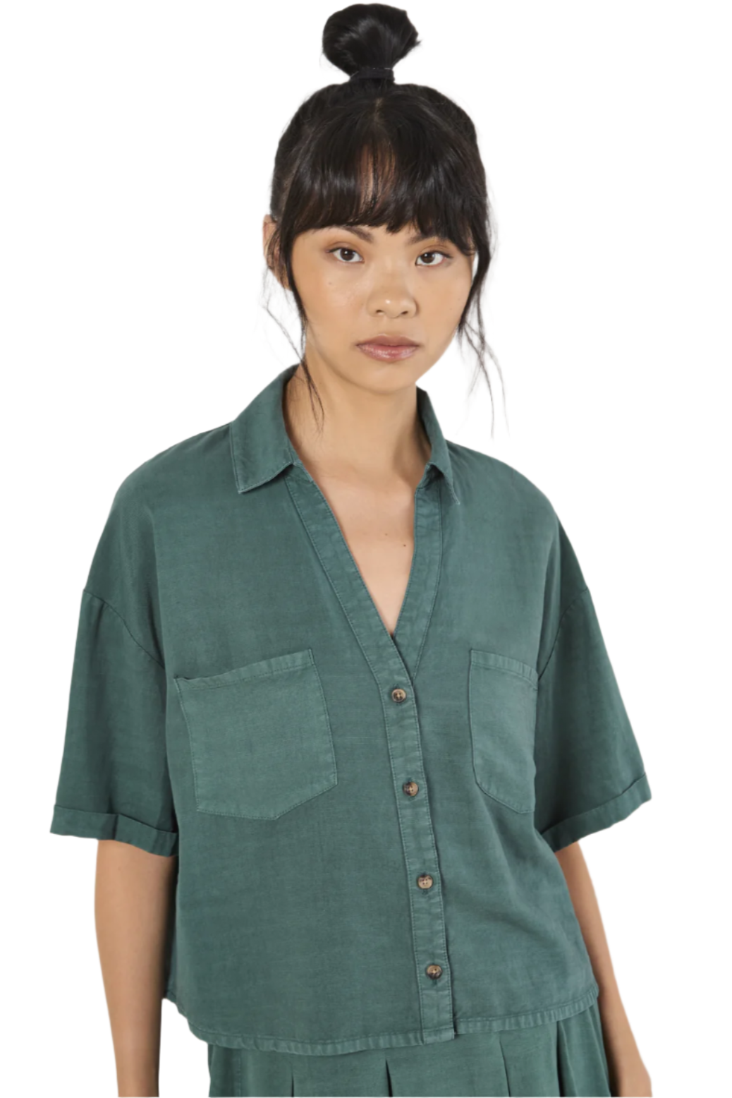 OPEN COLLAR SAFARI CROPPED SLUB SHIRT