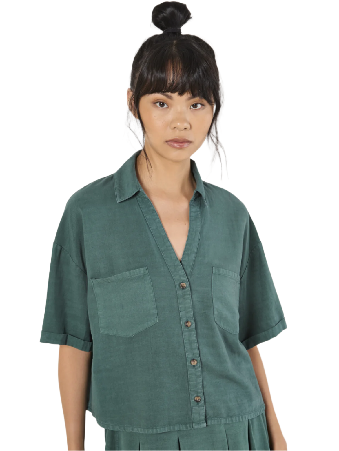 OPEN COLLAR SAFARI CROPPED SLUB SHIRT