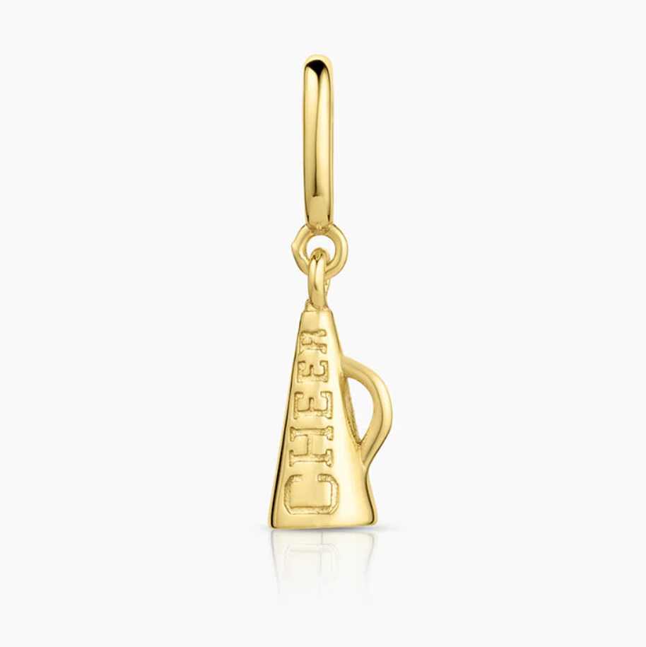 Gold 'CHEER' megaphone charm on a white background