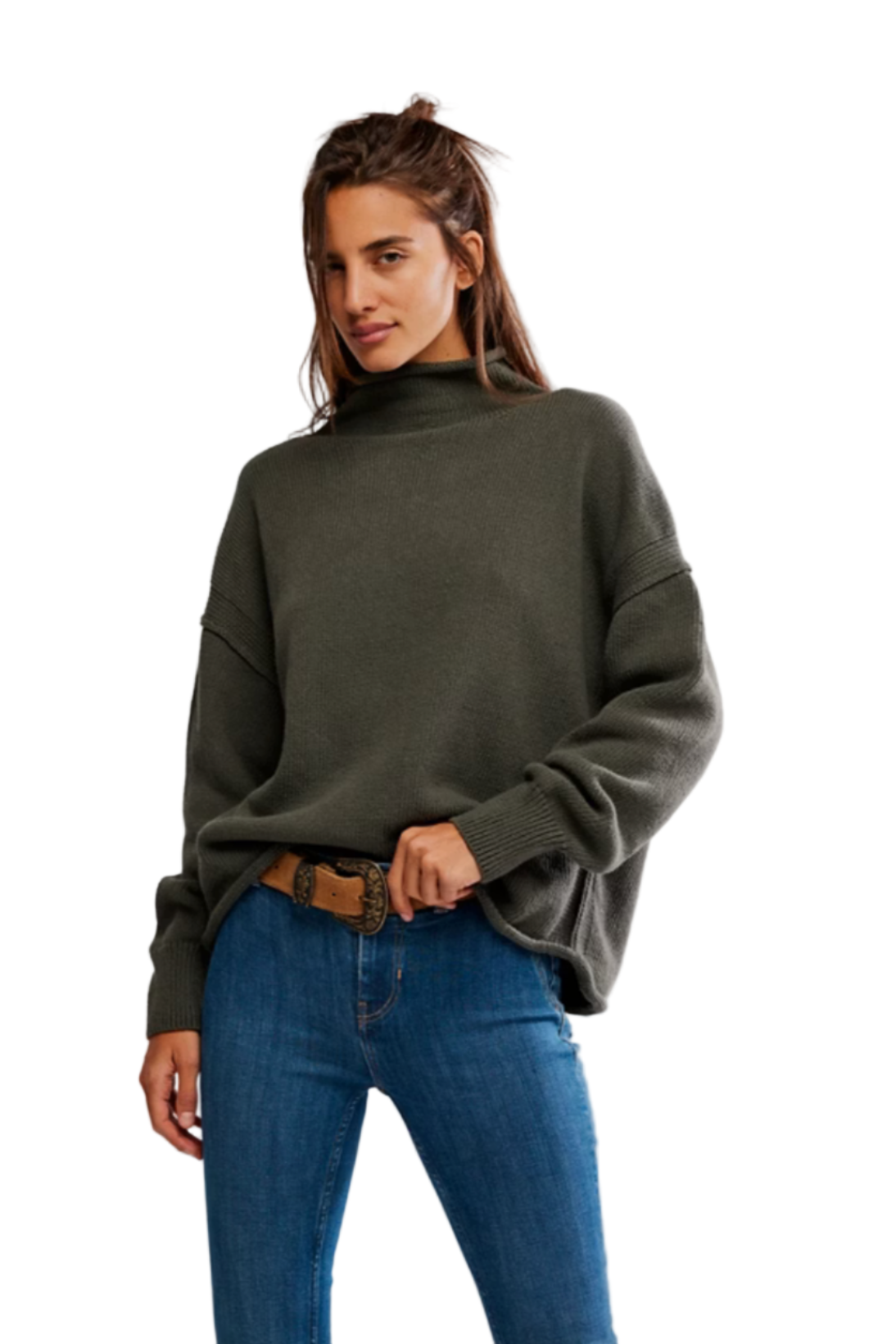 Free People Torres Roll Neck Sweater in Army – women’s chunky knit oversized pullover