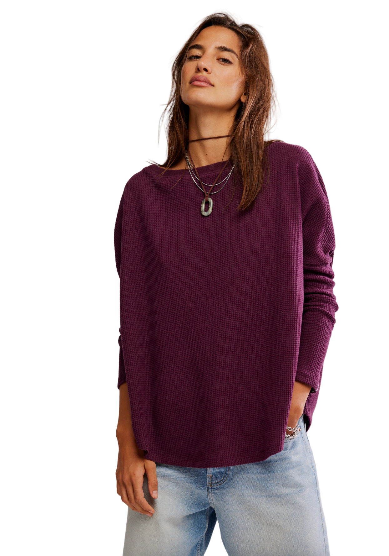 Free People Latte Blues Thermal – women’s slouchy waffle knit long sleeve top