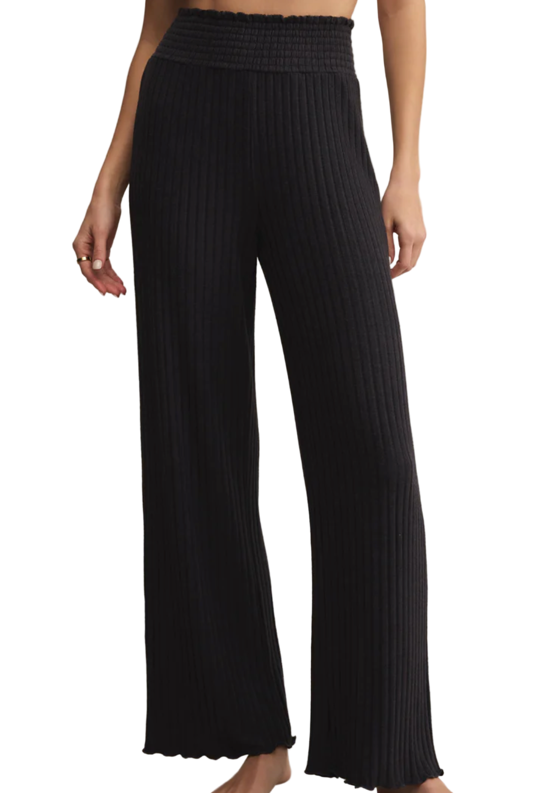 Black ribbed wide-leg pants worn by a person on a white background