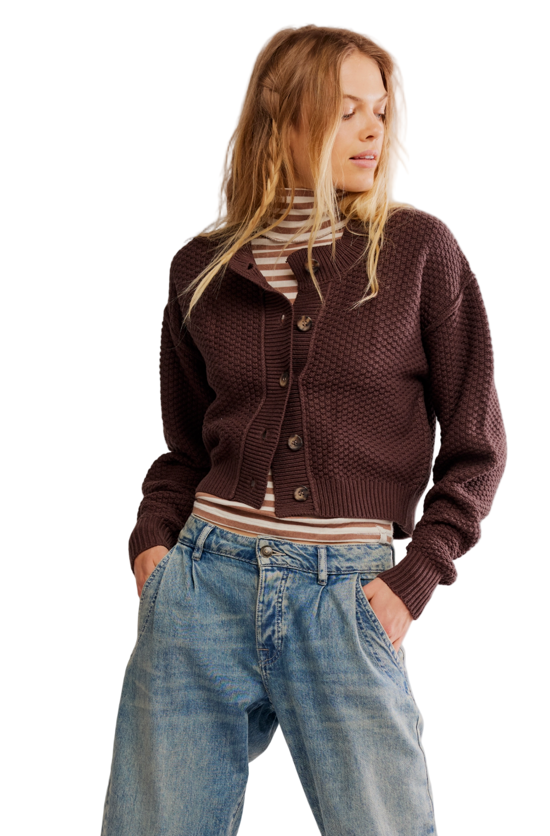 Free People Lila Cardi in Potting Soil – women’s cropped cozy cardigan sweater