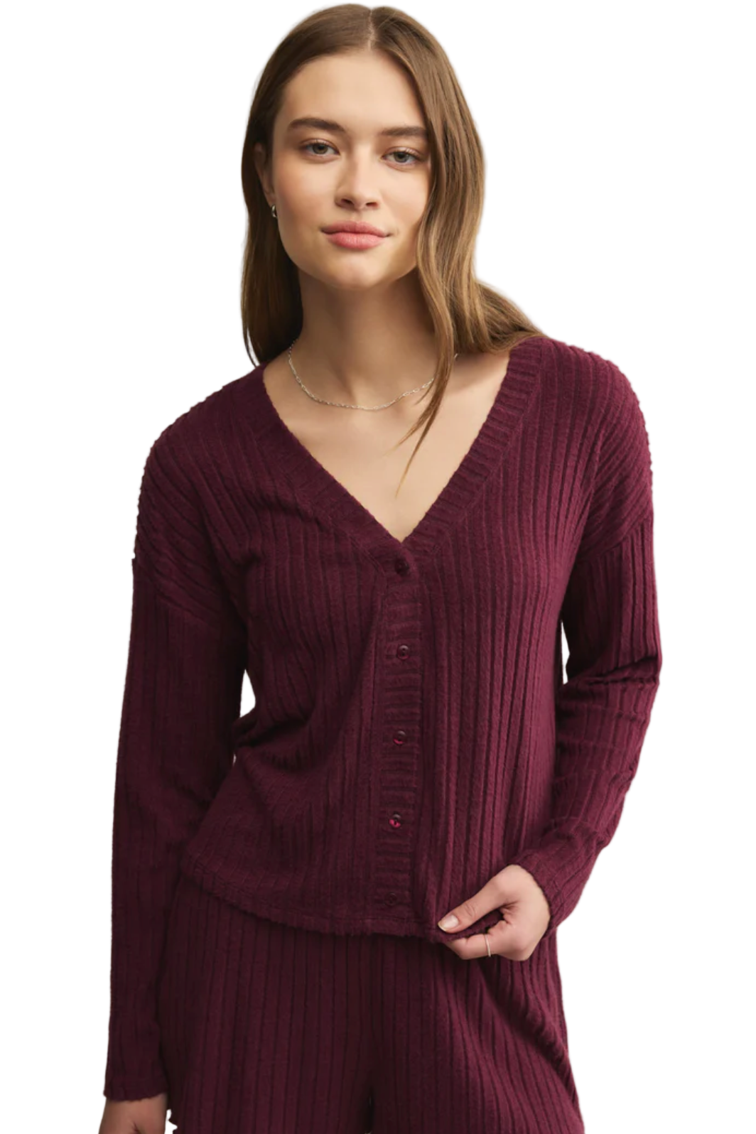Z Supply burgundy ribbed sweater on a white background