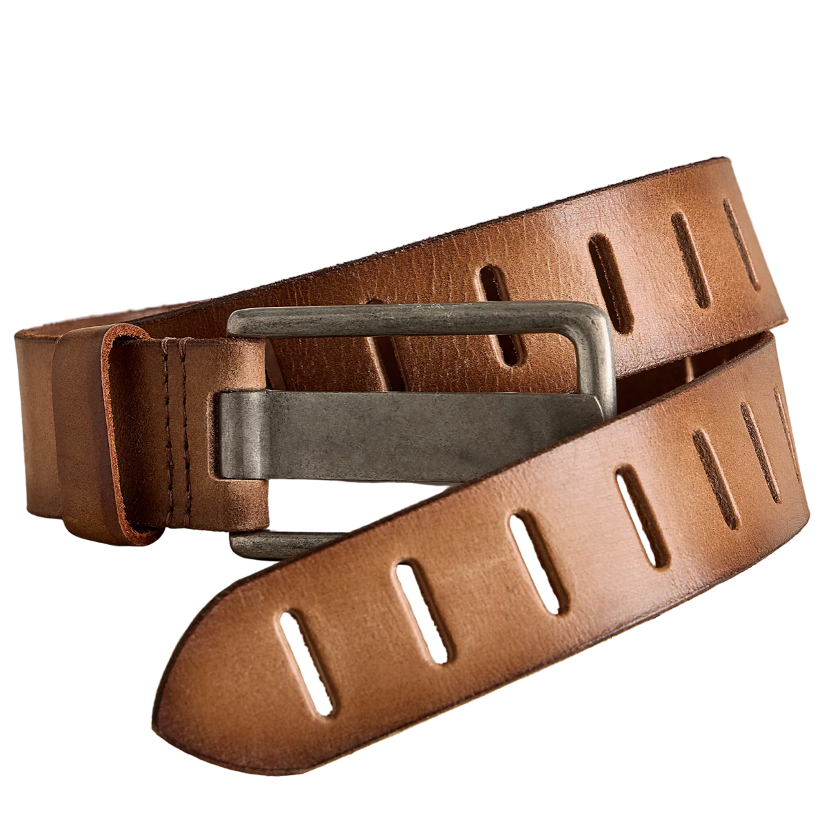 Brown leather belt with a silver buckle on a white background