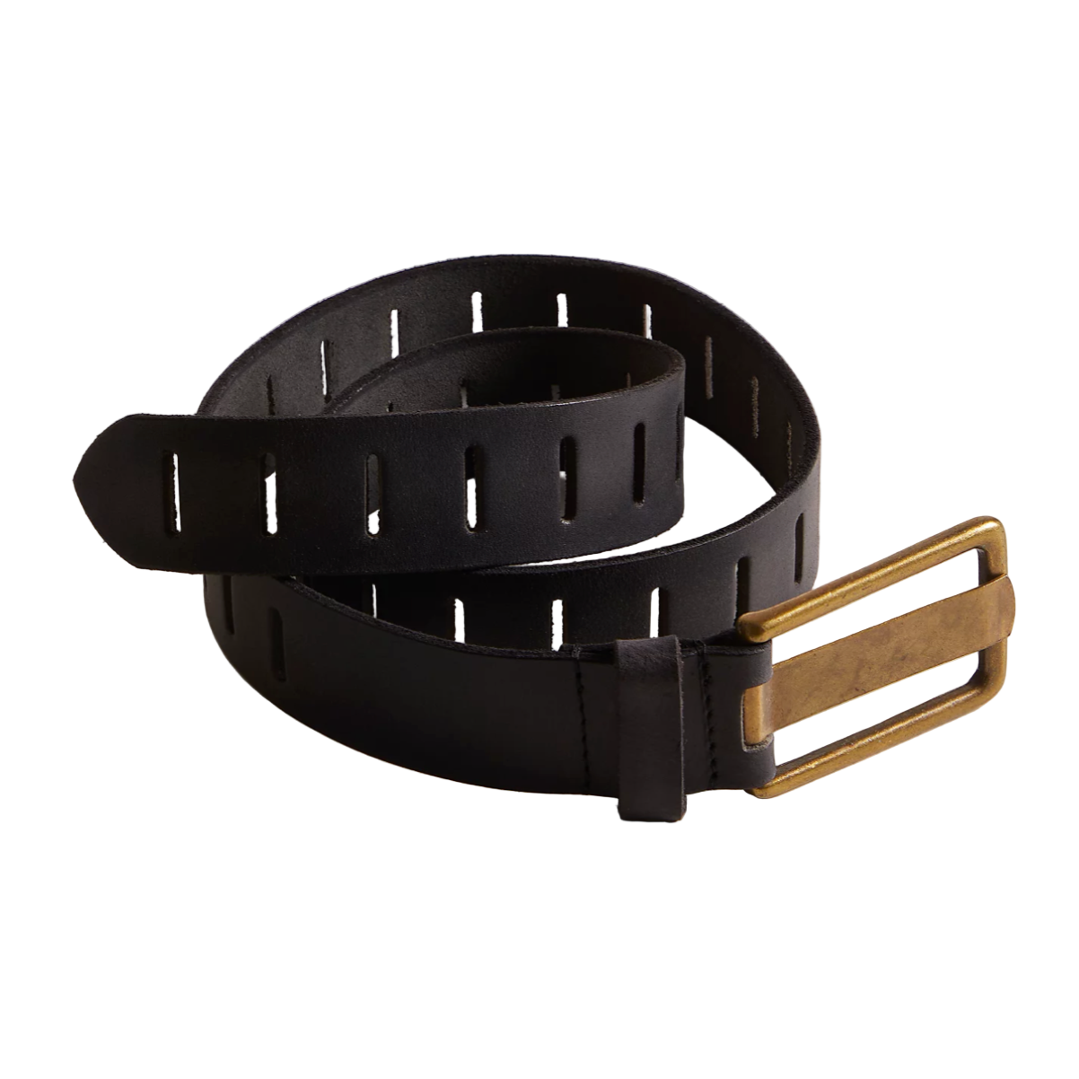 Black belt with a gold buckle on a white background