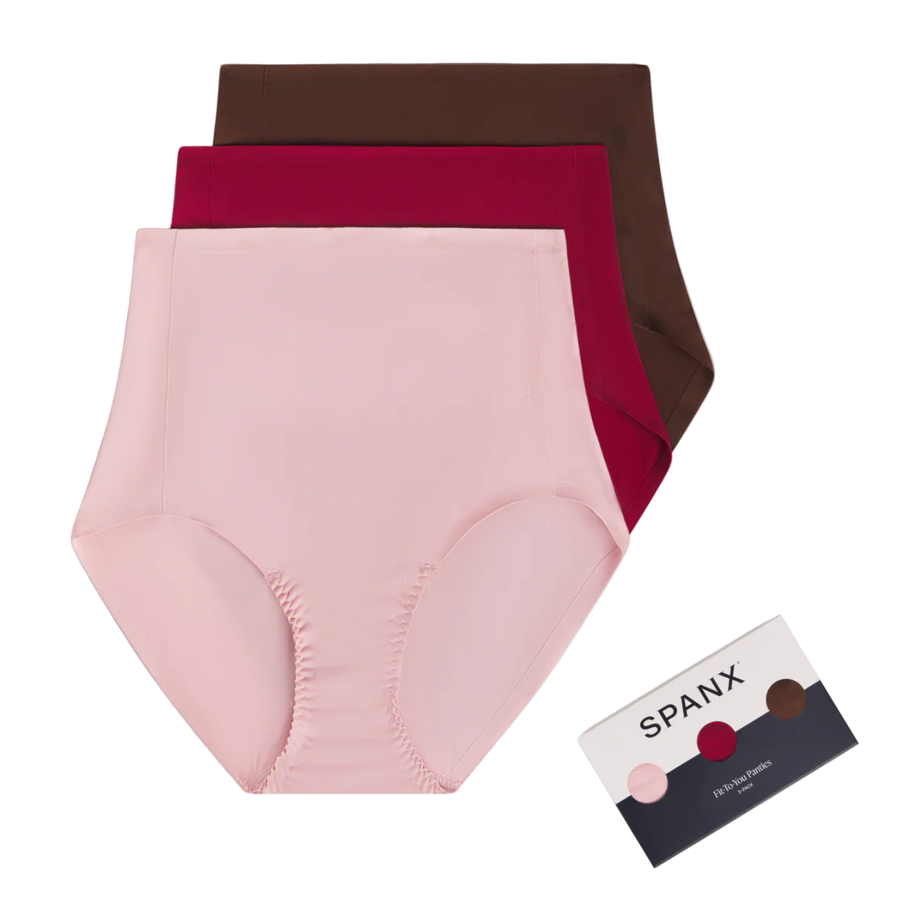 Pink underwear with brown and red options on a white background, featuring the Spanx brand.
