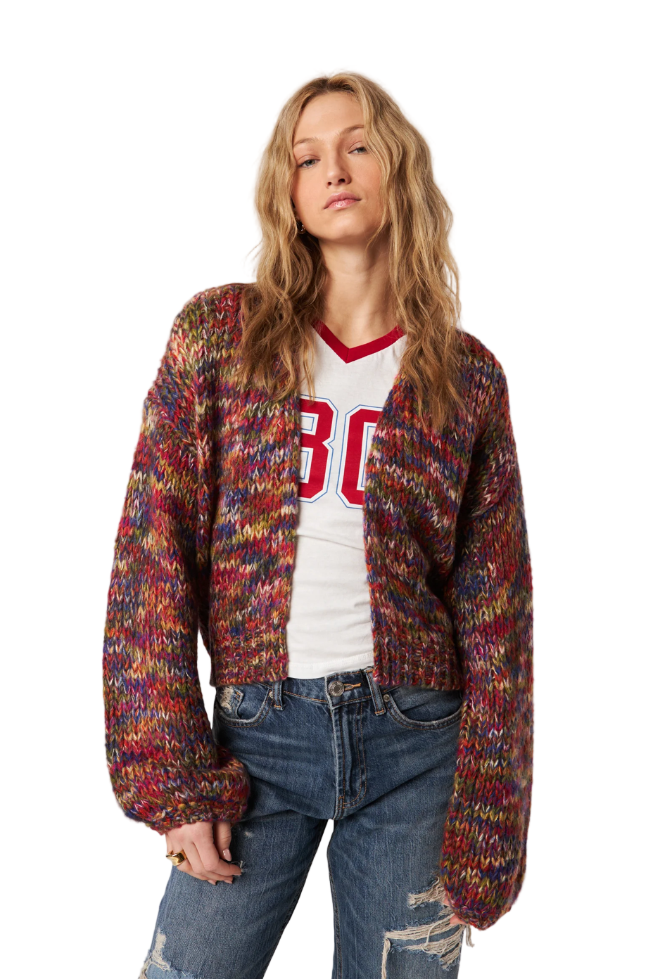 Lifestyle outfit: Sparrow Cardigan layered over a white tee and denim.