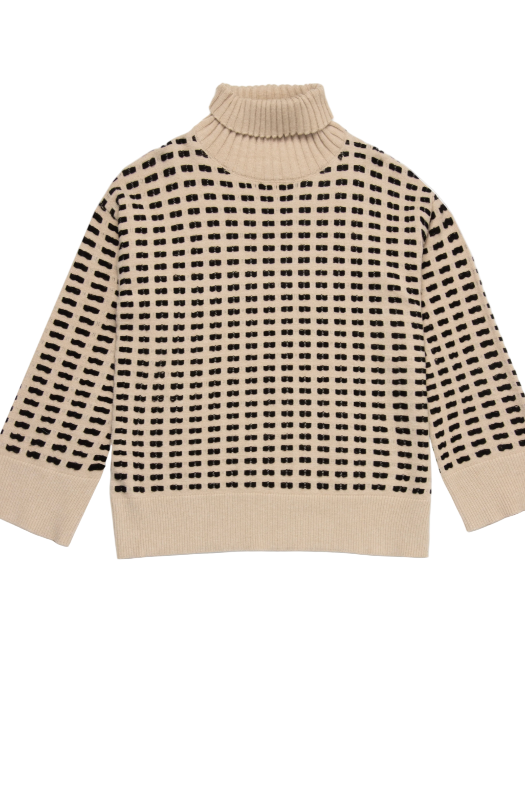Beige sweater with black geometric pattern on a white background