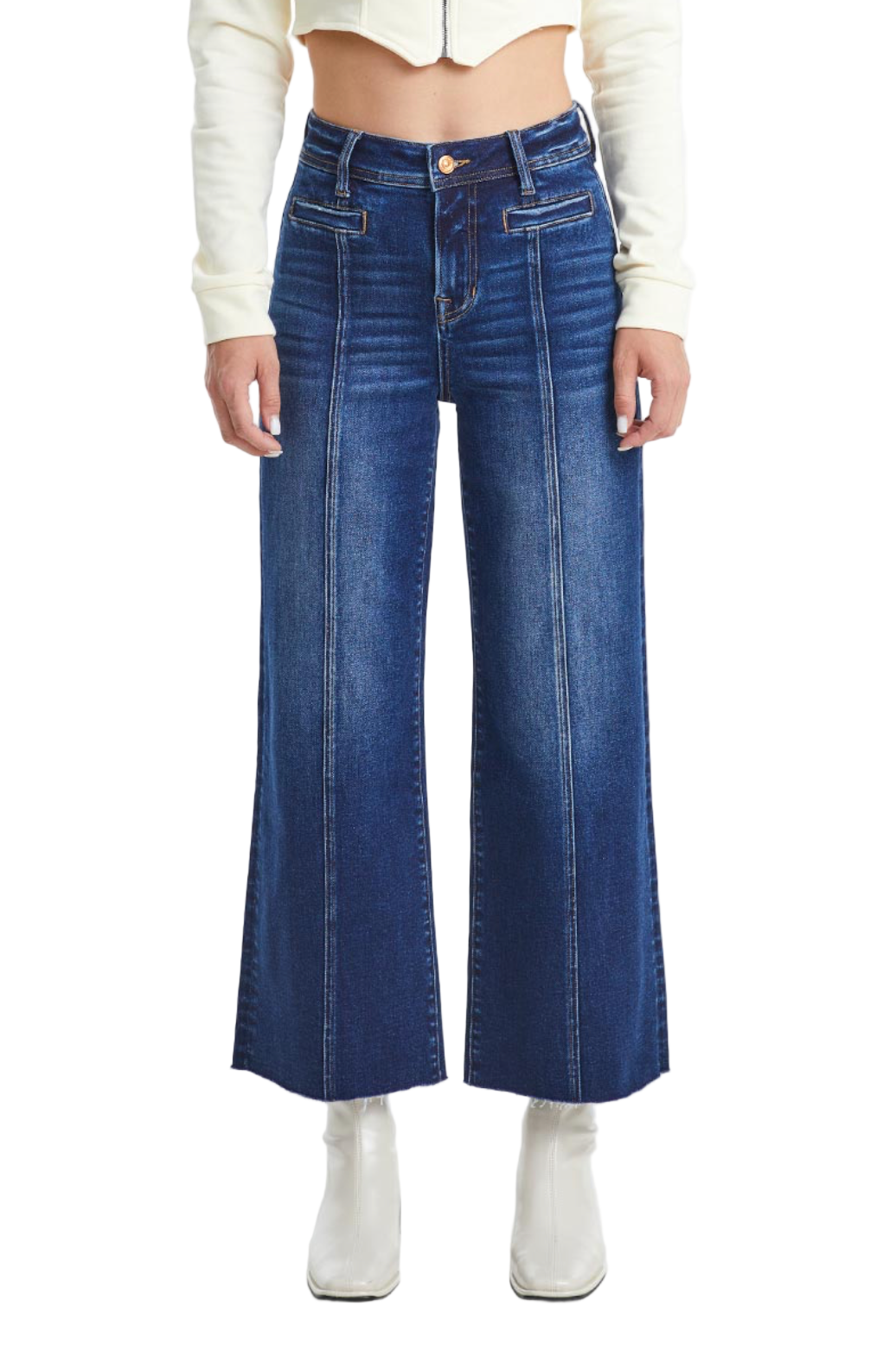 Blue jeans worn by a person on a white background