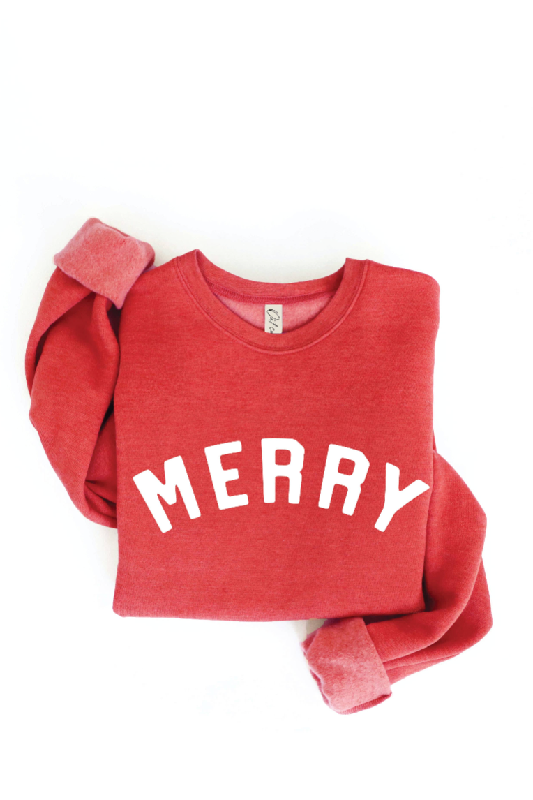 Oat Collective red sweatshirt with 'MERRY' text on a white background