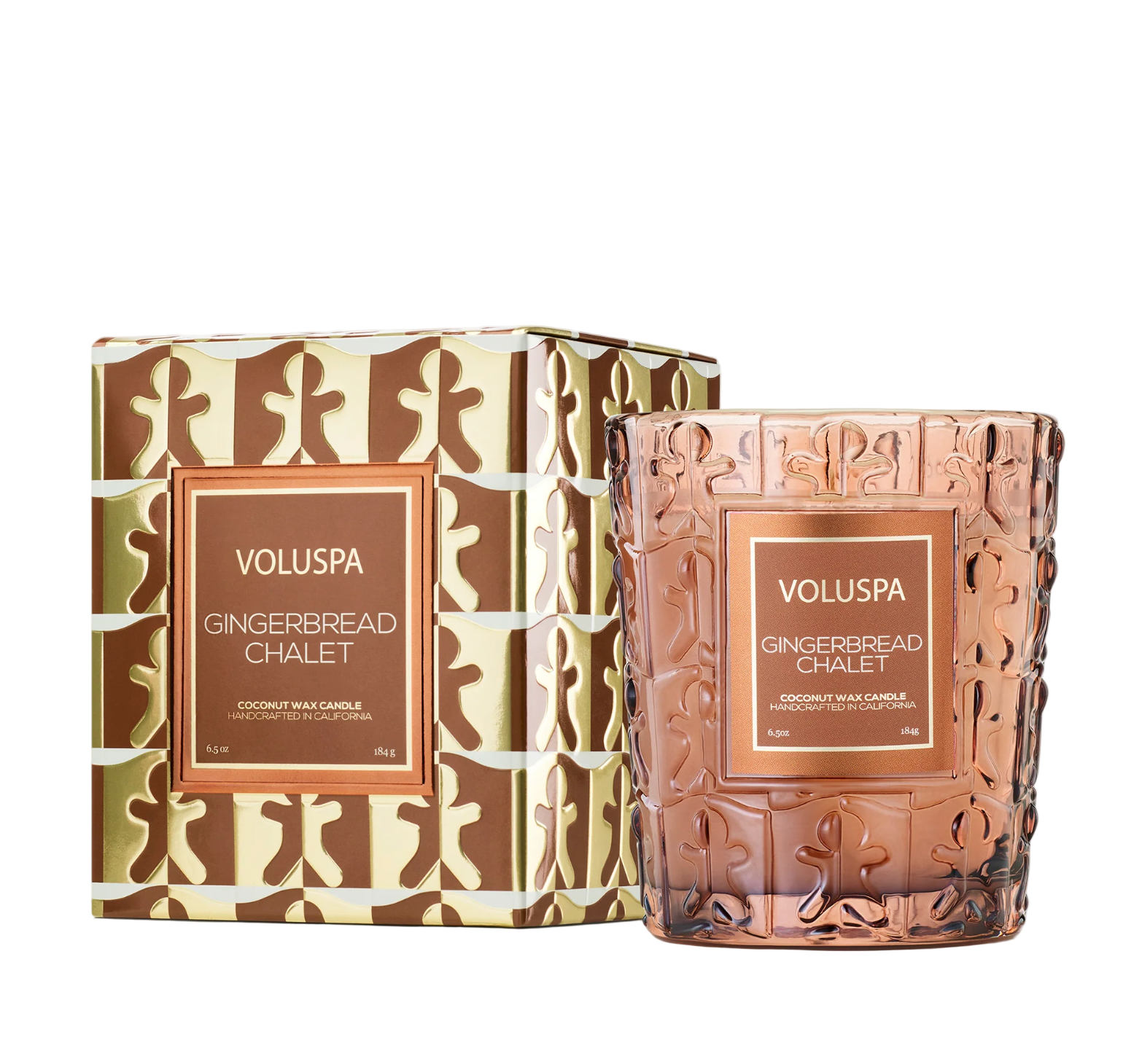 Voluspa Gingerbread Chalet candle with packaging on a white background