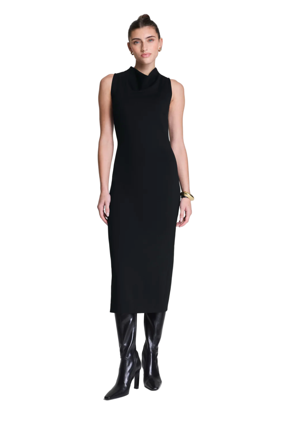 Woman wearing a black sleeveless dress with high collar on a white background