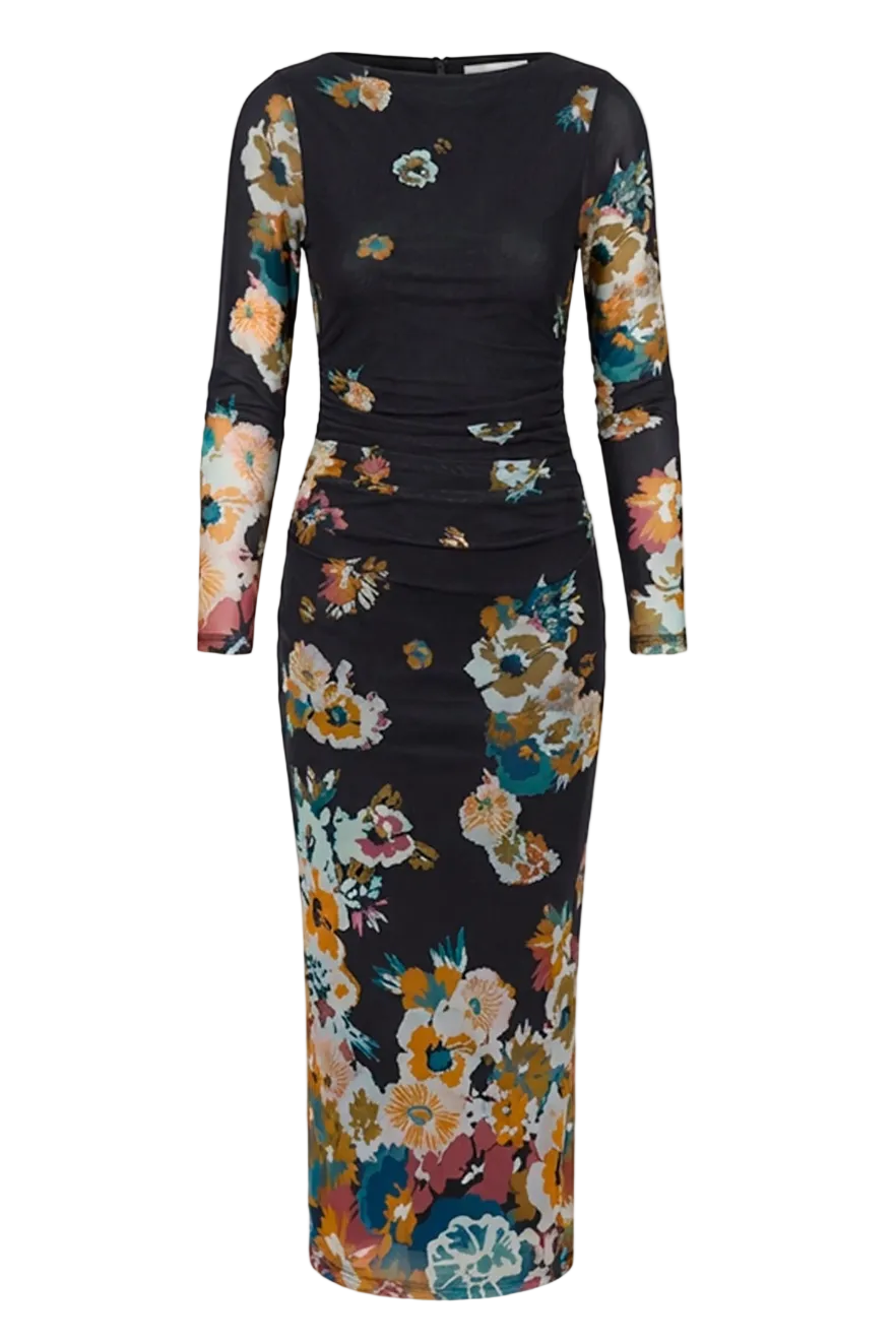 Black dress with floral pattern on a white background