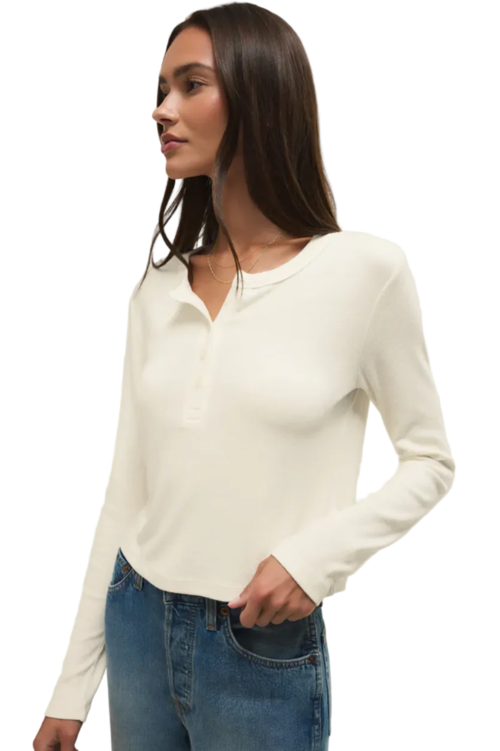 Z Supply Ferris Cropped Henley in Cloud — soft cropped button-front top