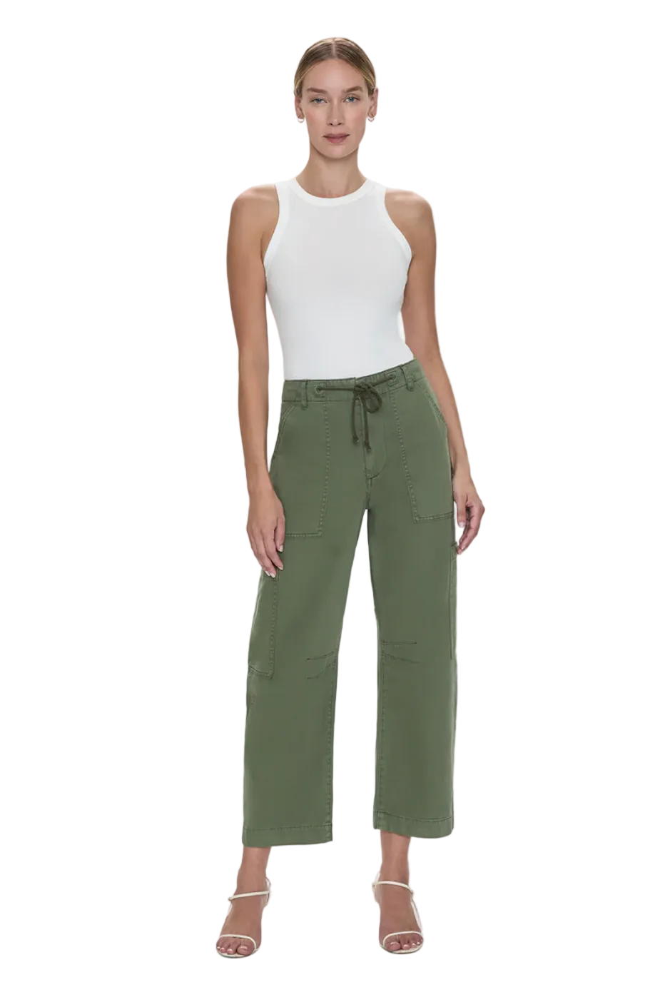Pistola Sabrina Curved Utility Pant in Meadow — women’s wide-leg utility pant in rich green with drawstring waist and front patch pockets