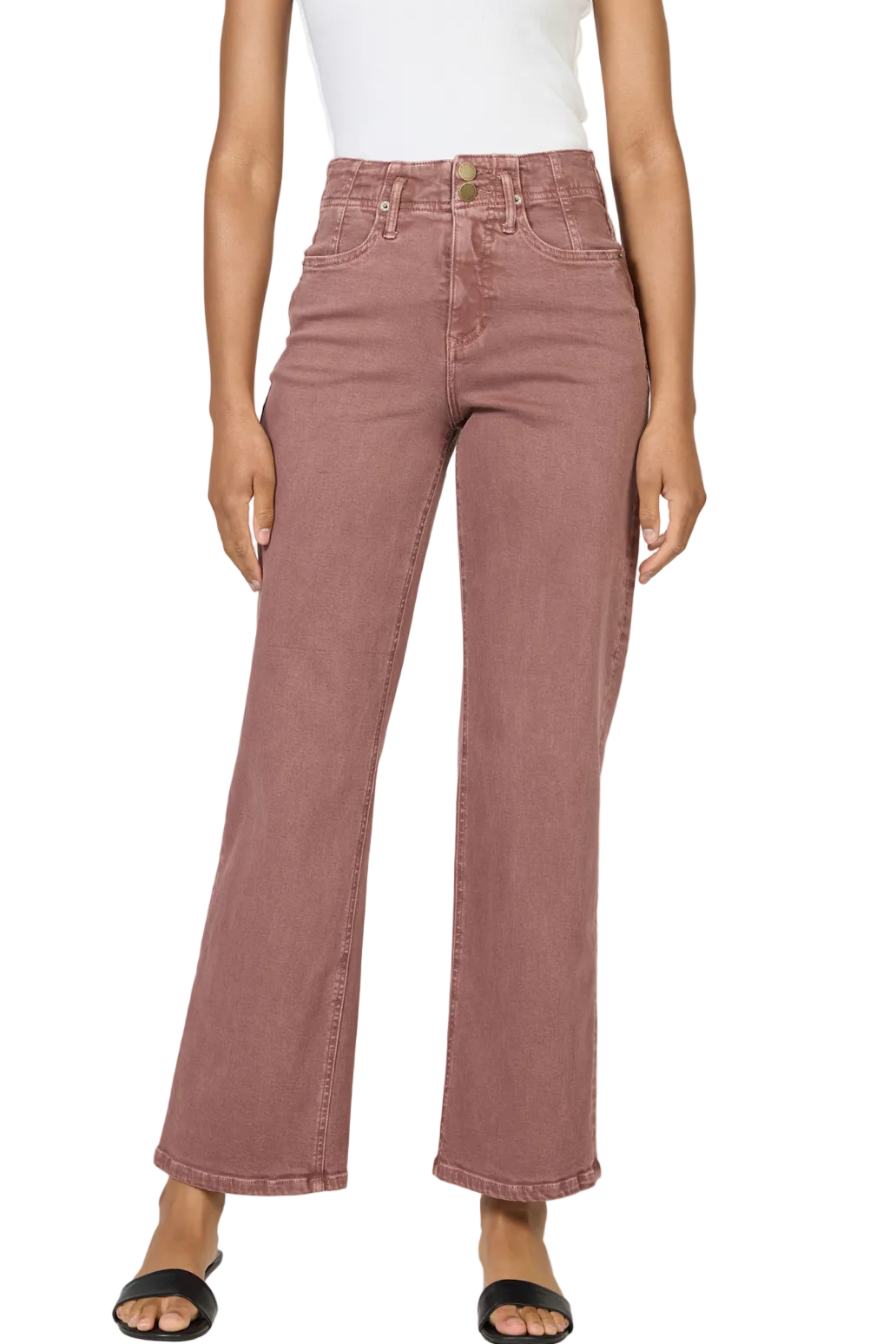 Woman wearing Dear John Denim high rise wide hem straight leg jeans with relaxed fit through hips and clean straight leg silhouette