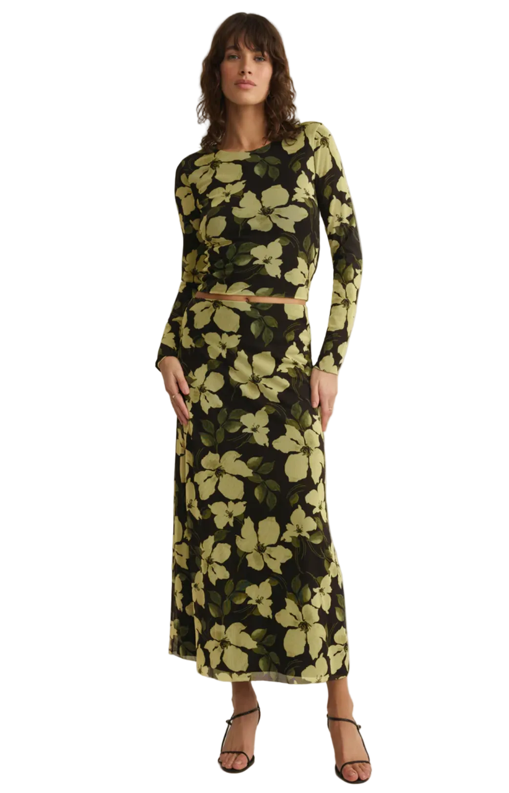 Model wearing Z Supply Eda Ren red floral mesh maxi skirt with high-rise waist and flowing lined silhouette