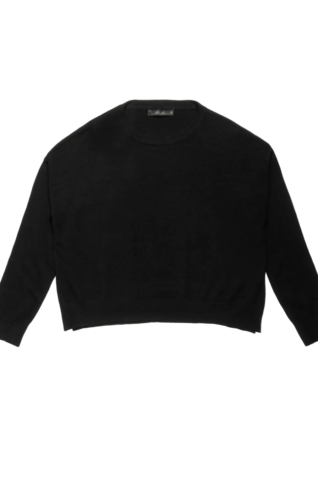 Relaxed fit viscose blend cropped sweater with round neckline, long sleeves, and side slit hem detail