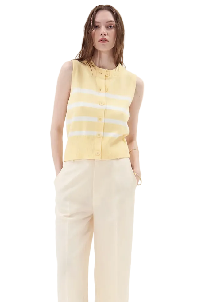 Striped Mykonos knit vest with jewel neckline and front button closure in a relaxed fit.