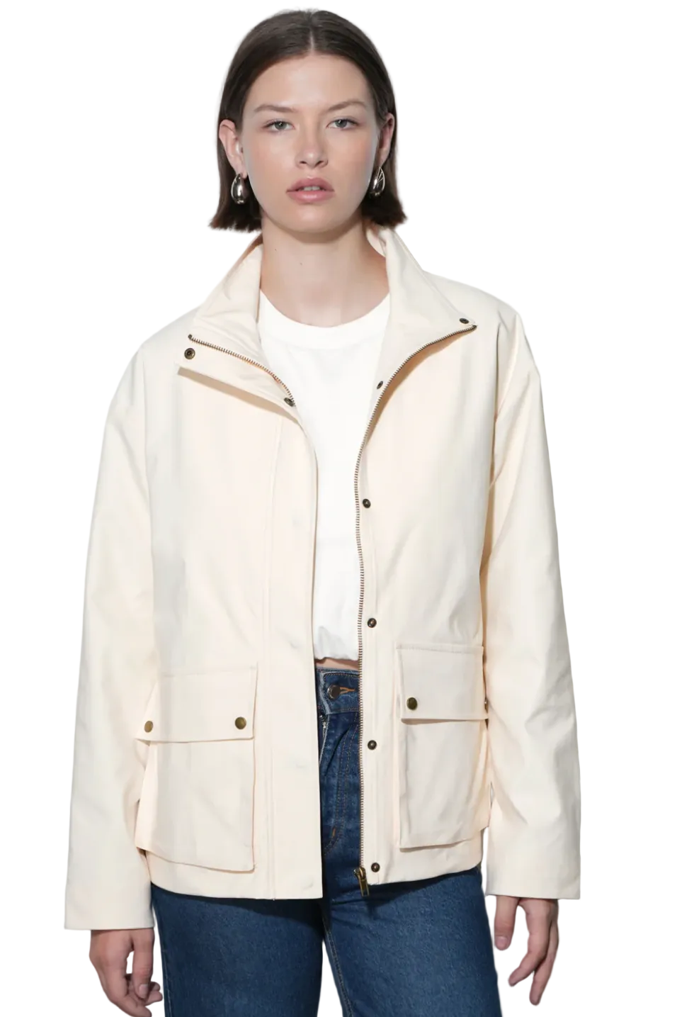 Greylin Mila water resistant funnel neck jacket with sculptural high collar and matte technical fabric