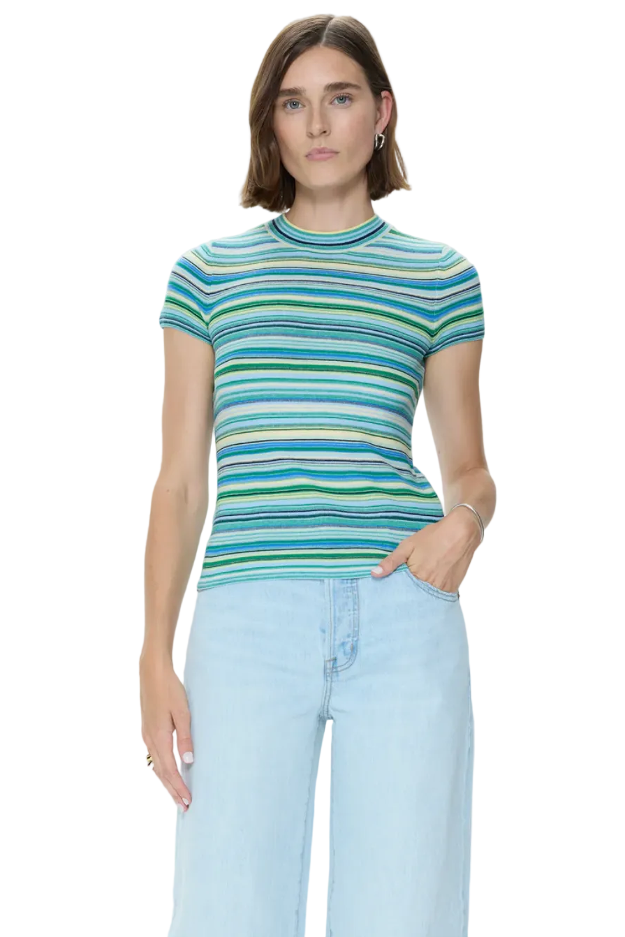 Pistola Selene short sleeve sweater tee in blue green multi stripe knit cotton