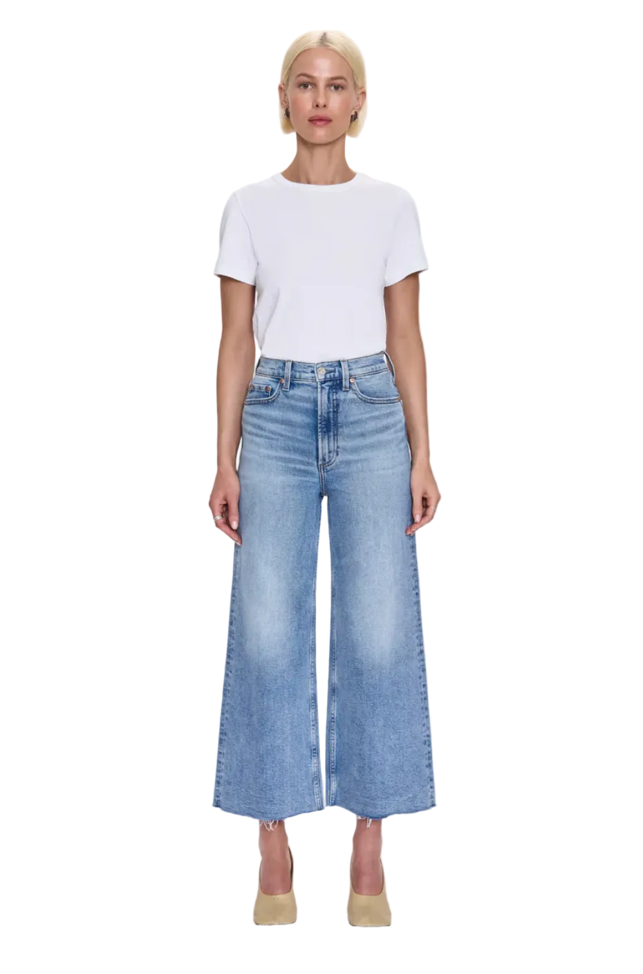 Pistola Lana Crop High Rise Ultra Wide Jean in Bistro medium vintage blue wash with raw hem and ultra wide cropped leg