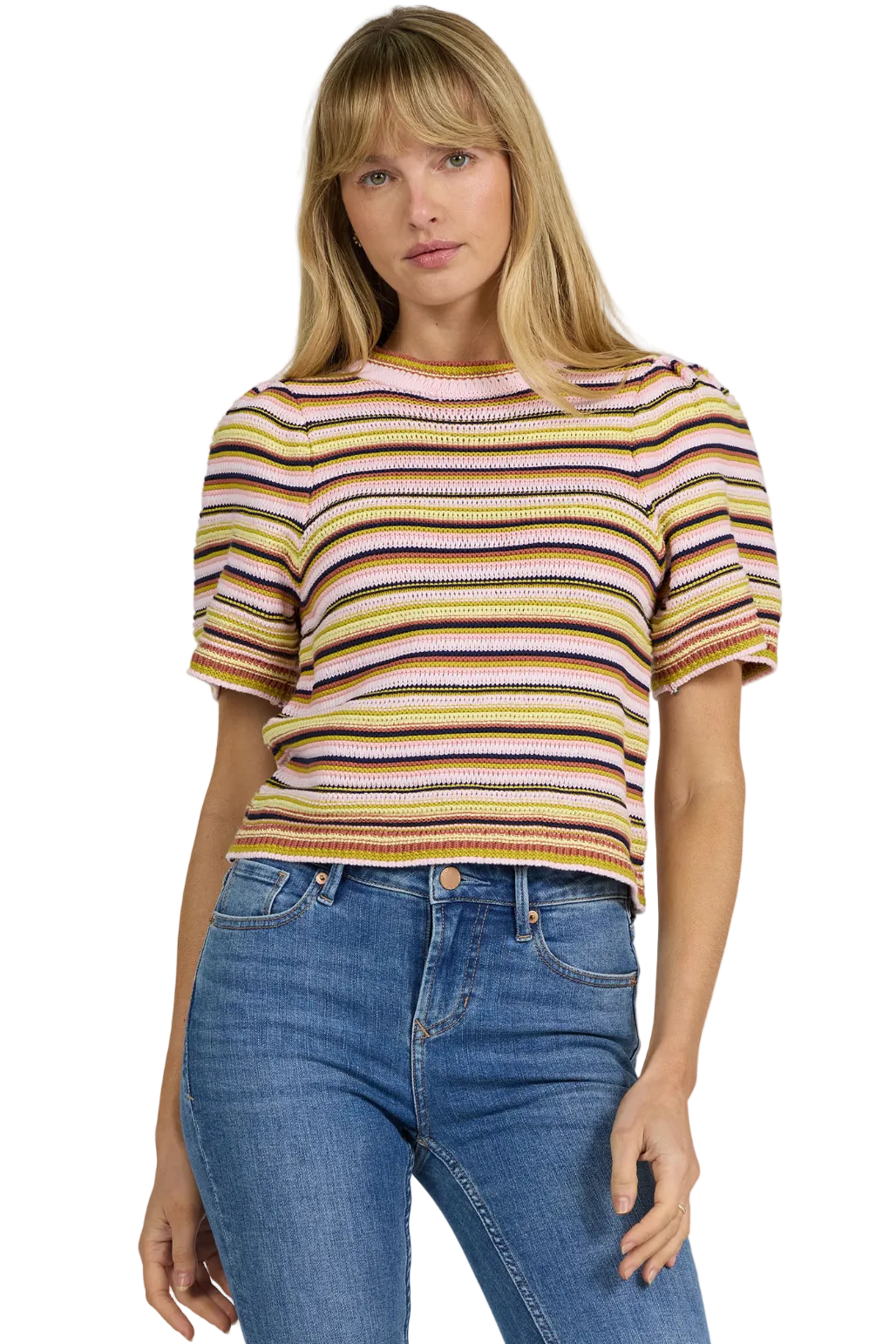 Dear John Denim Simone stripe sweater with crew neckline and short sleeves in a classic lightweight knit fit.