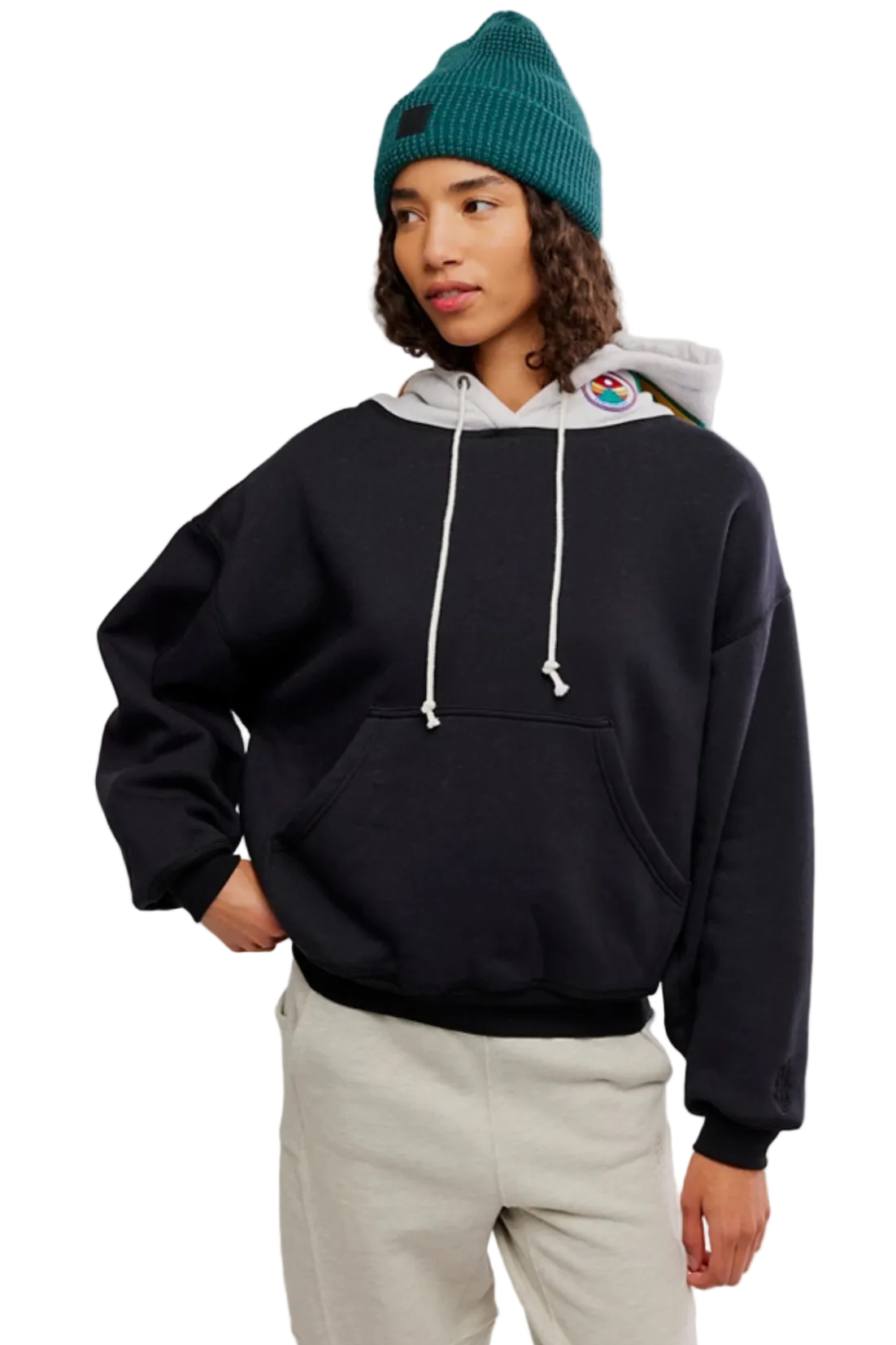 FP Movement Final Call Patch Hoodie in black with relaxed fit, contrast hood, and patch detail