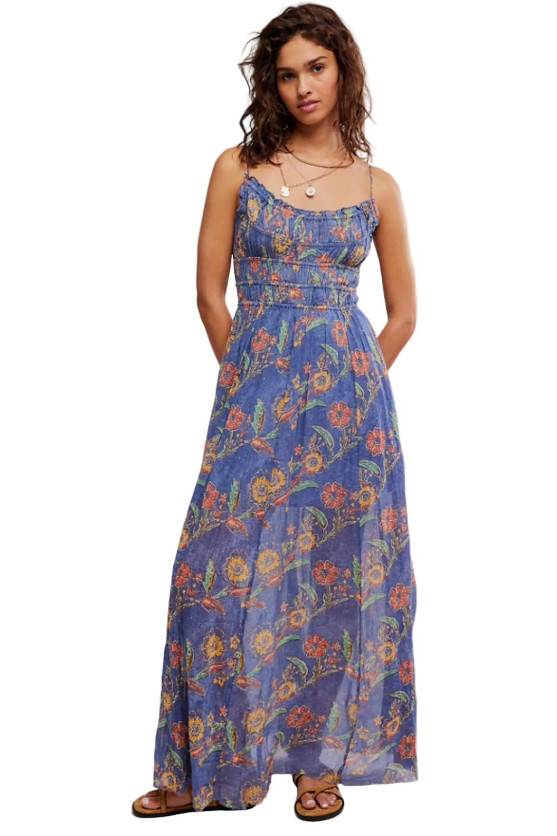 Free People Ciella Printed Maxi Dress with smocked bodice, adjustable straps, and flowy printed skirt