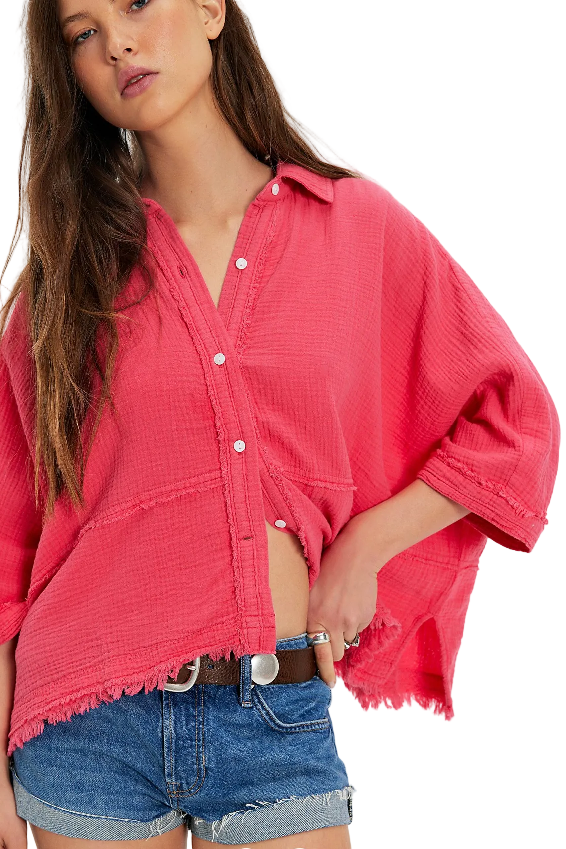 Free People Happy Days Top in Tart Berry with gauzy cotton fabric, oversized fit, button-front closure, and relaxed short sleeves.