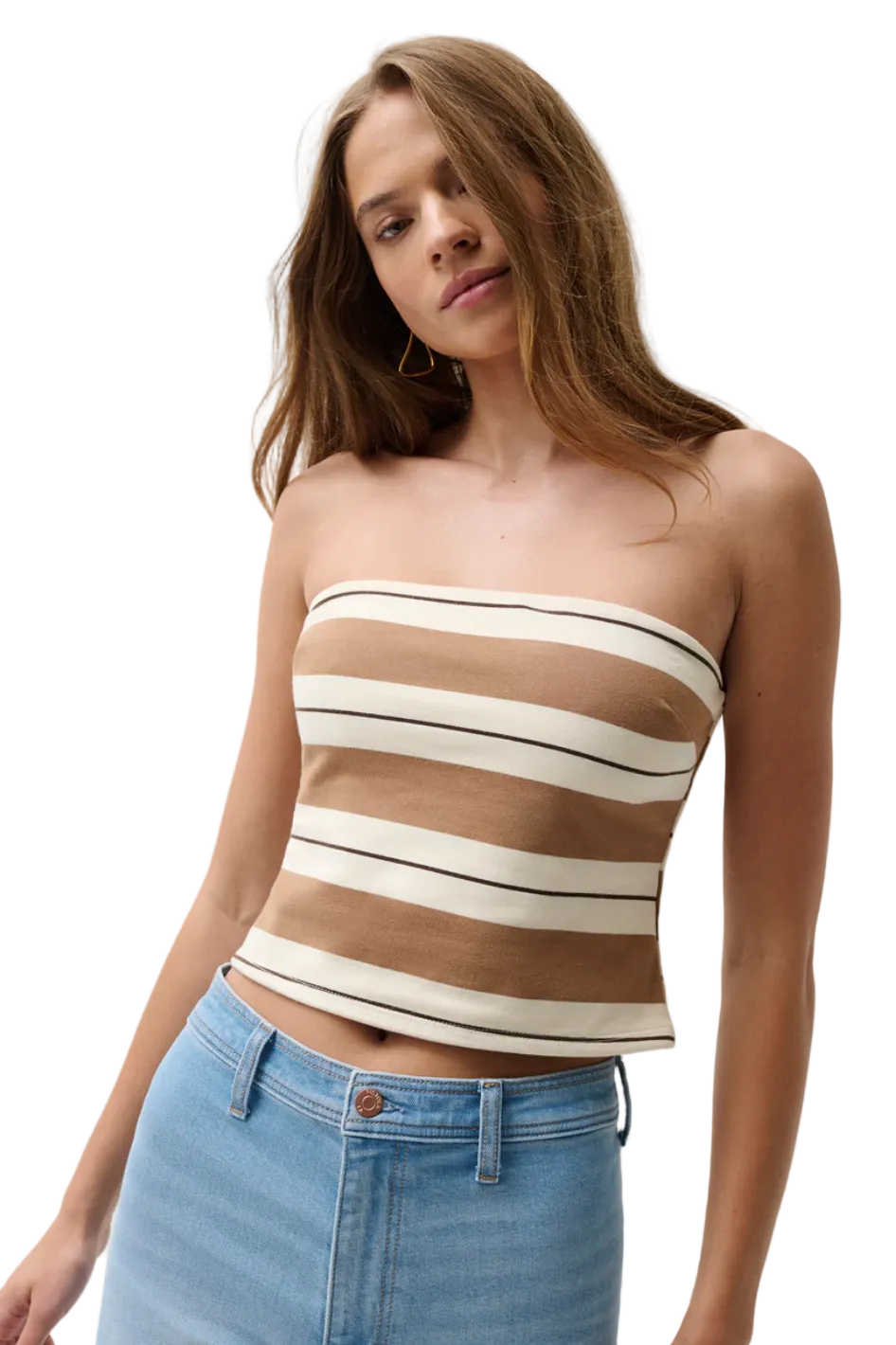 Woman wearing Pistola Beverly Tube Top in Desert Egret, a strapless fitted top in a soft neutral shade.