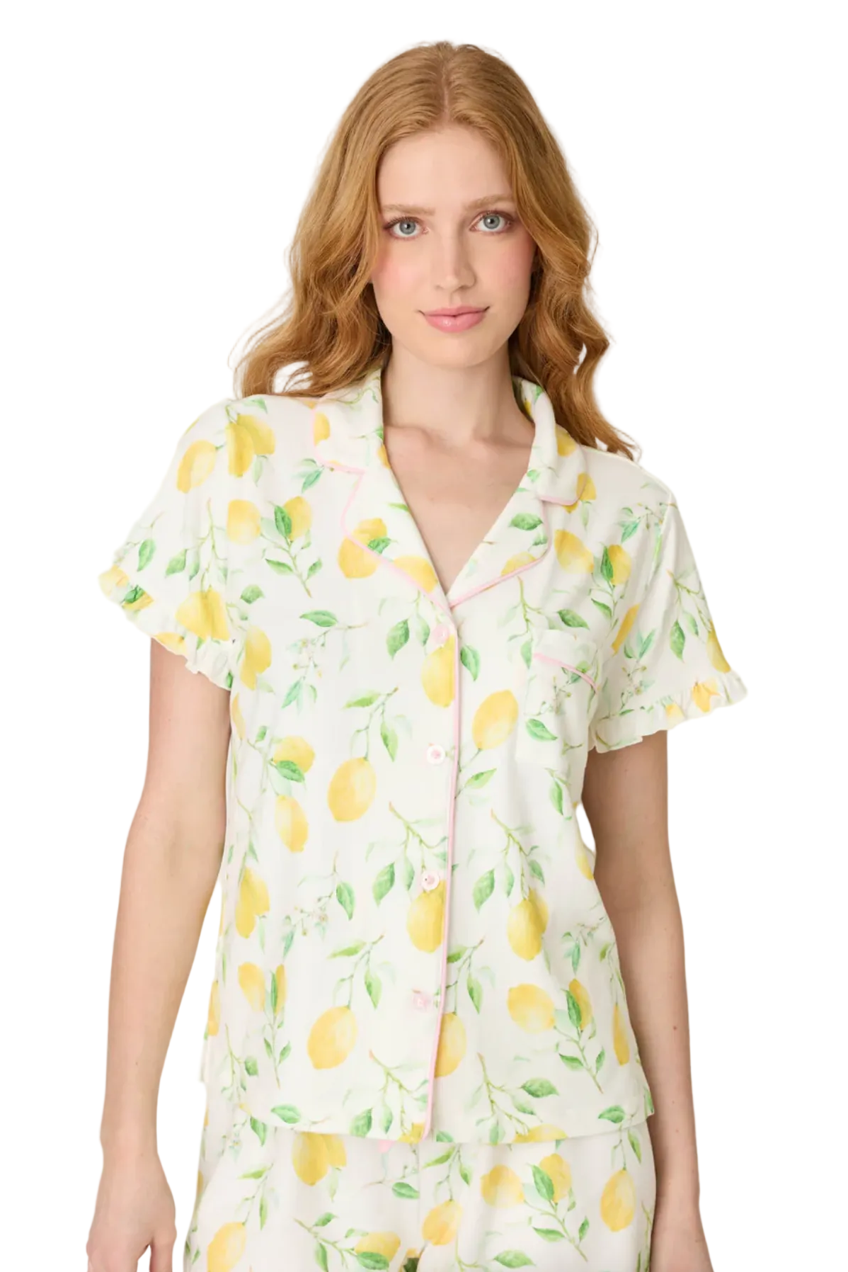Women's citrus lemon print pajama set with short sleeve button-front top and relaxed drawstring pants in buttery-soft jersey fabric.