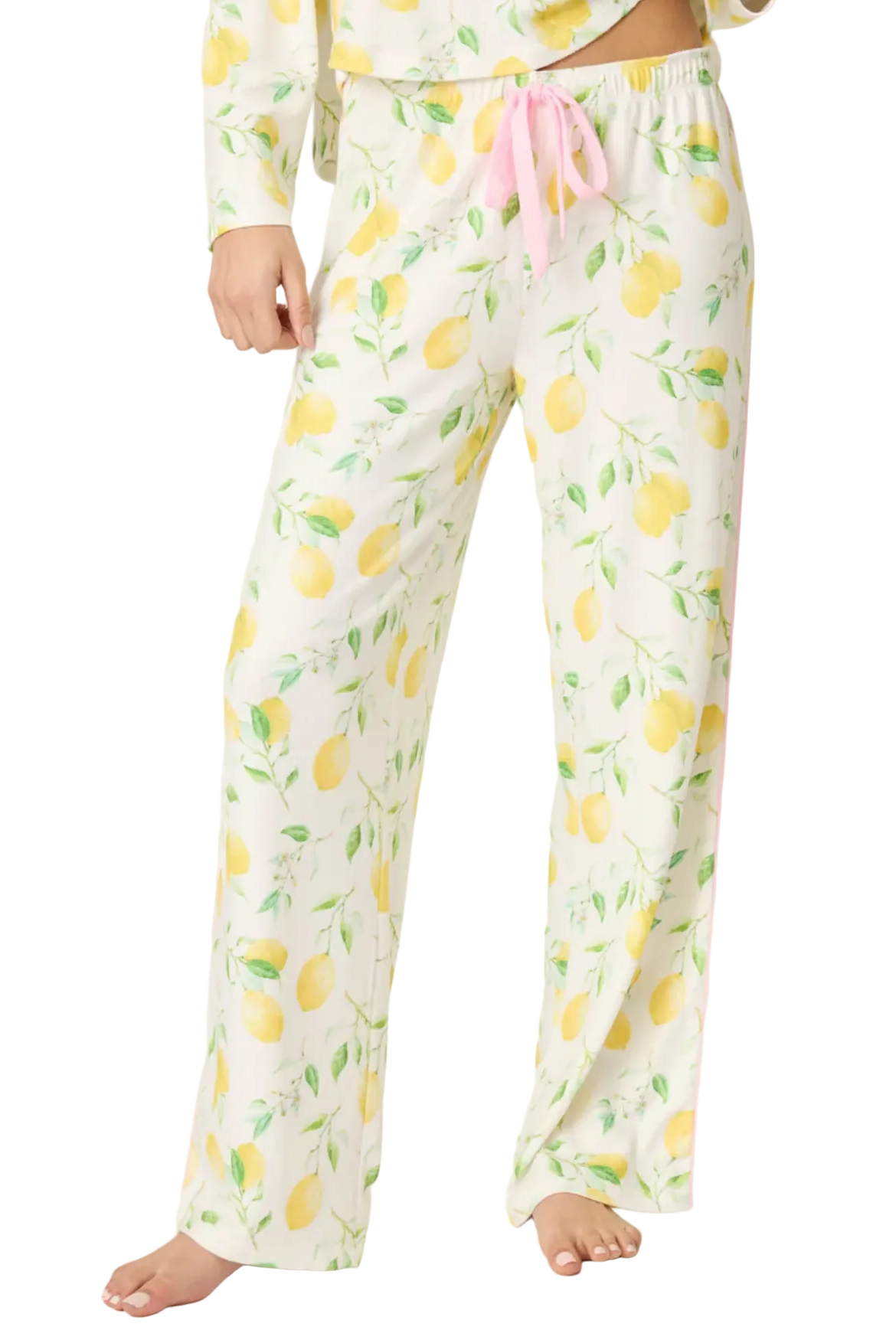 Women's citrus lemon print pajama set with short sleeve button-front top and relaxed drawstring pants in buttery-soft jersey fabric.