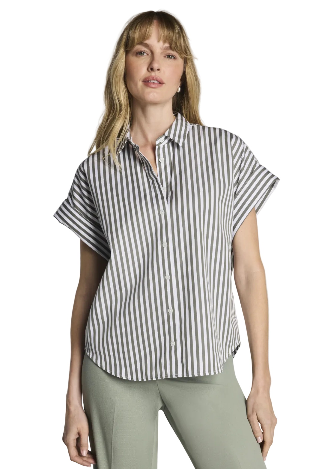 Woman wearing a black and white striped shirt on a white background