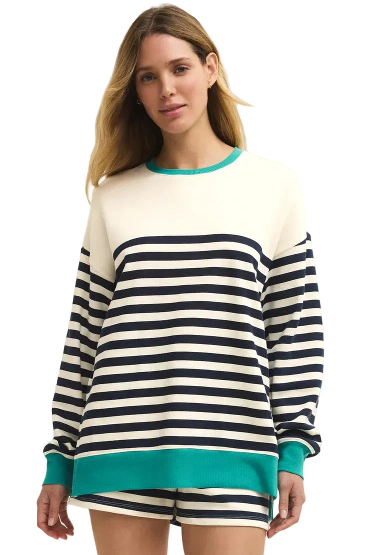 Z SUPPLY Layer Up Stripe Sweatshirt in midweight striped fleece with crew neck and relaxed fit